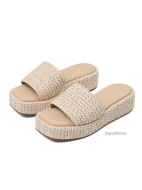 Women's Raffia Wedge Platform Sandals Espadrille Slides with Ankle Strap